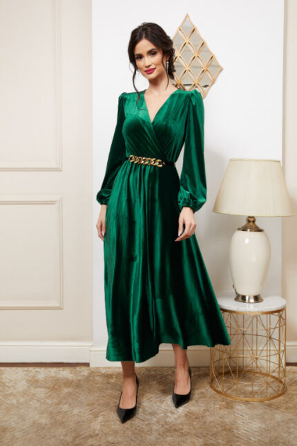 rochie dama de ocazie midi verde din catifea cu maneca lunga