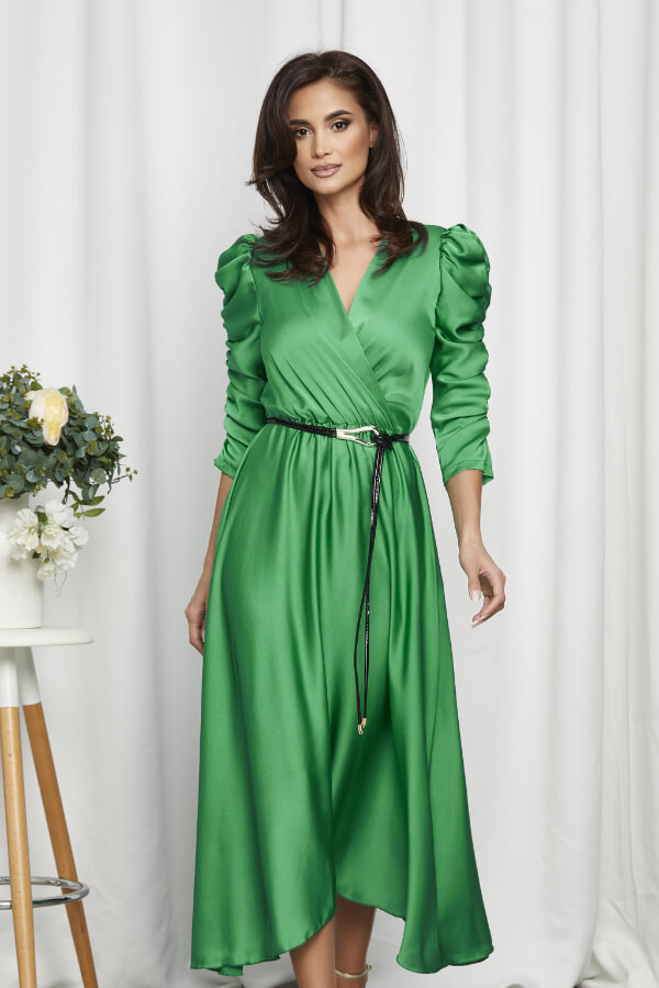 rochie eleganta verde midi din satin cu maneci incretite
